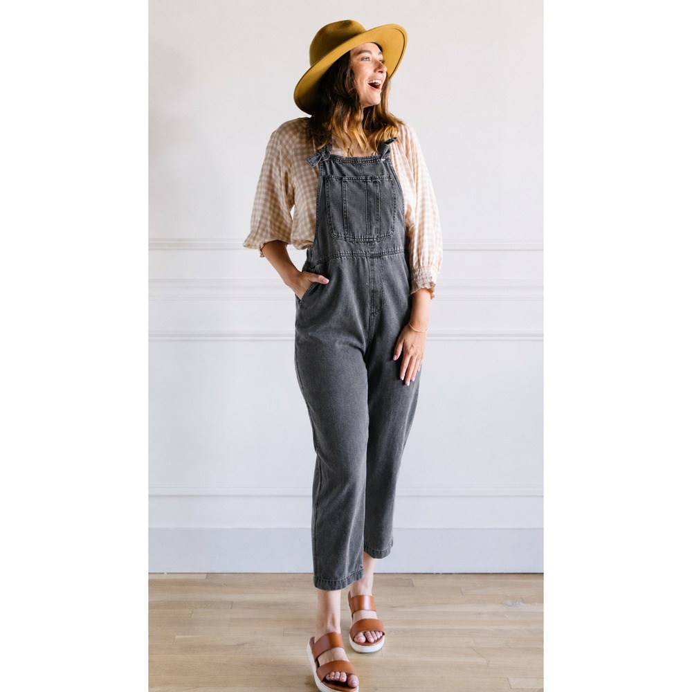 Miou Muse Black Acid Wash Denim Overalls Tapered Leg Tie Strap Small